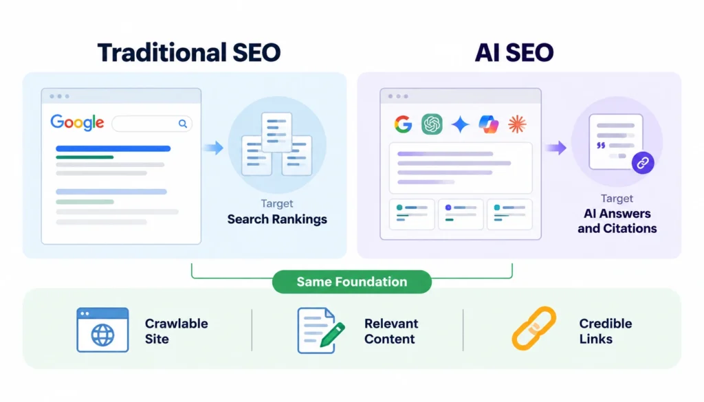 ChatGPT Image Sep 25, 2026, 06_51_17 PM Comparison of Traditional SEO and AI SEO, showing search rankings versus AI answers and citations, built on a shared foundation of crawlable sites, relevant content, and credible links.