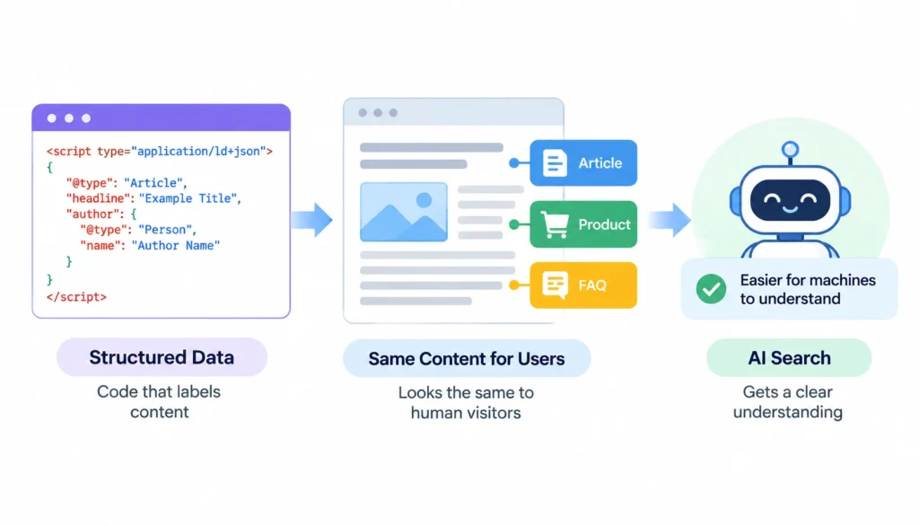 ChatGPT Image Sep 25, 2026, 07_08_52 PM Infographic showing how structured data labels webpage content such as articles, products, and FAQs to help AI search engines understand it.