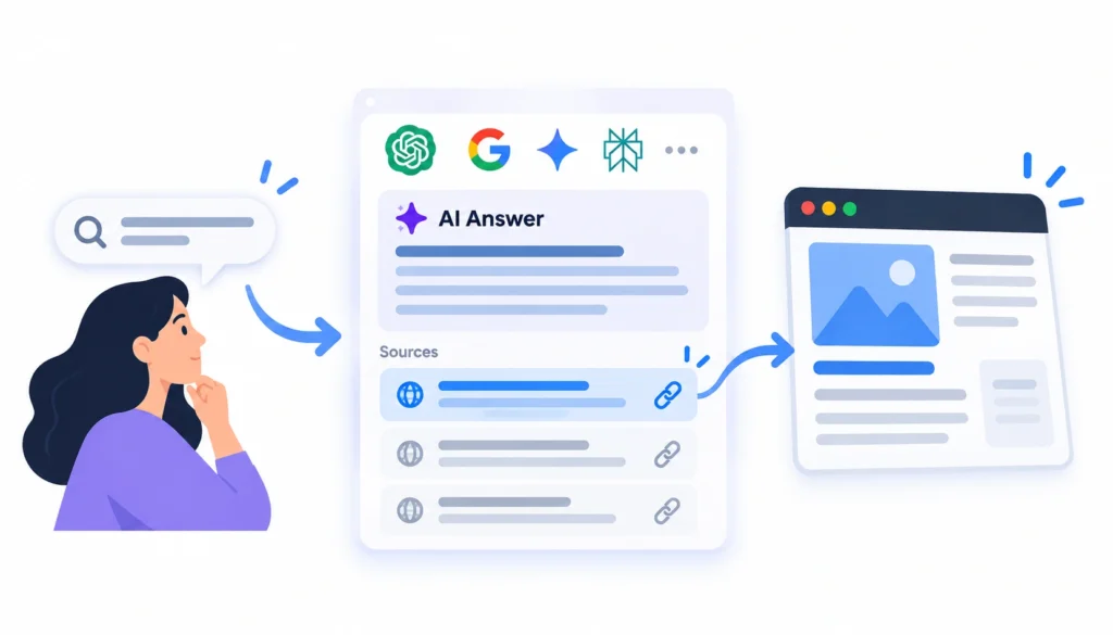 AI Answers to Cited Websites AI-generated search answer with source citations leading users to a website, illustrating AI SEO visibility in 2026.