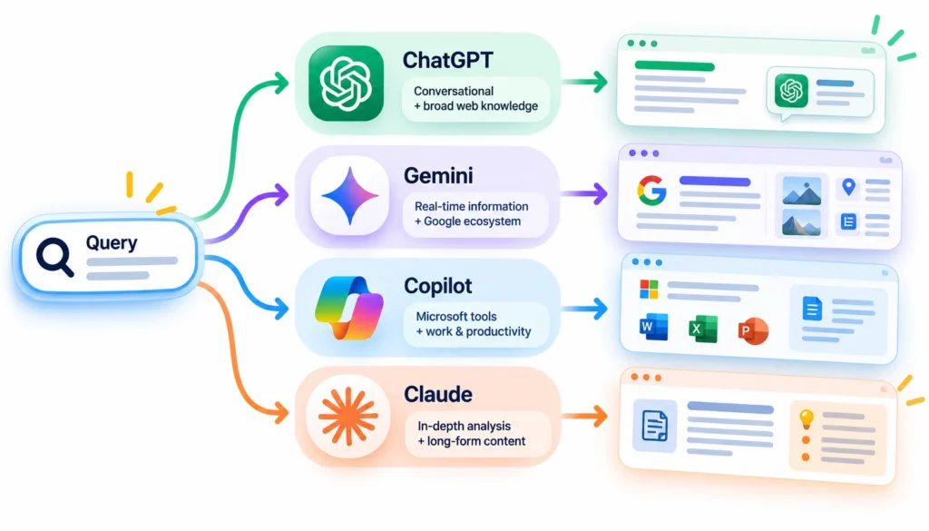 AI Search Engines Compared Comparison of AI search engines showing ChatGPT’s conversational knowledge, Gemini’s Google ecosystem, Copilot’s Microsoft tools, and Claude’s long-form analysis.