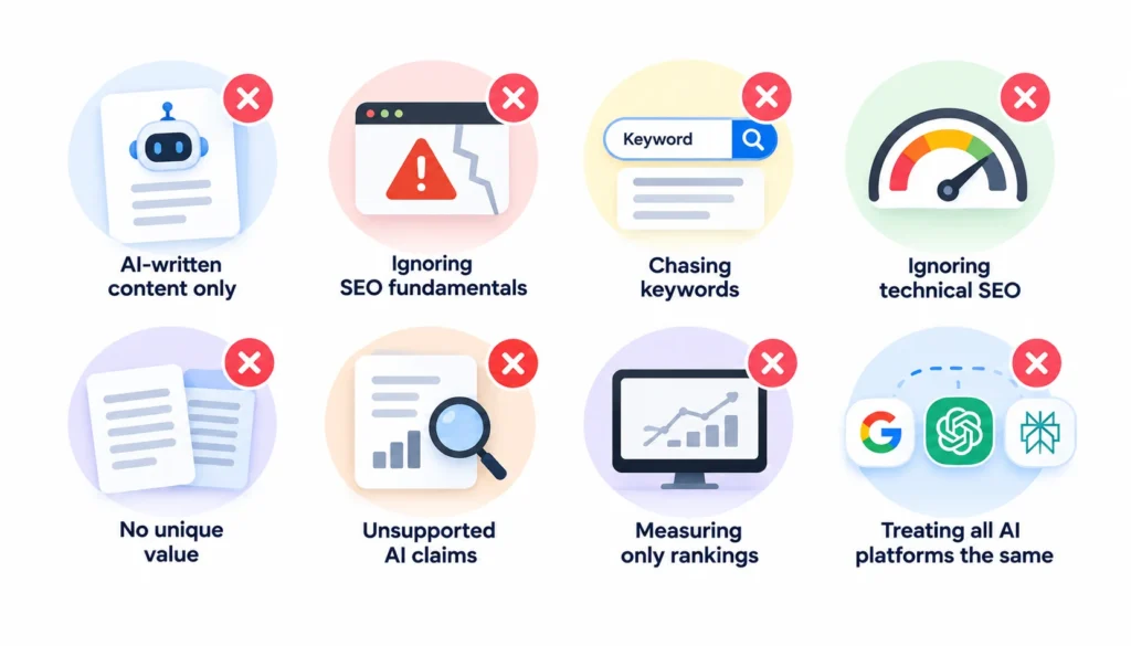 Common AI SEO Mistakes Infographic Eight common AI SEO mistakes, including relying only on AI content, ignoring SEO fundamentals, chasing keywords, neglecting technical SEO, creating no unique value, making unsupported AI claims, tracking only rankings, and treating AI platforms alike.