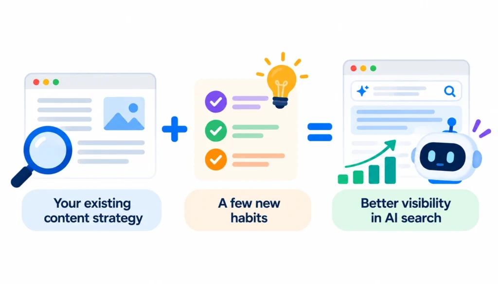 Content Strategy Plus New Habits Equals AI Visibility (1) Infographic showing how existing content strategy plus new content habits can improve visibility in AI search, illustrated with search, checklist, lightbulb, AI, and growth icons.