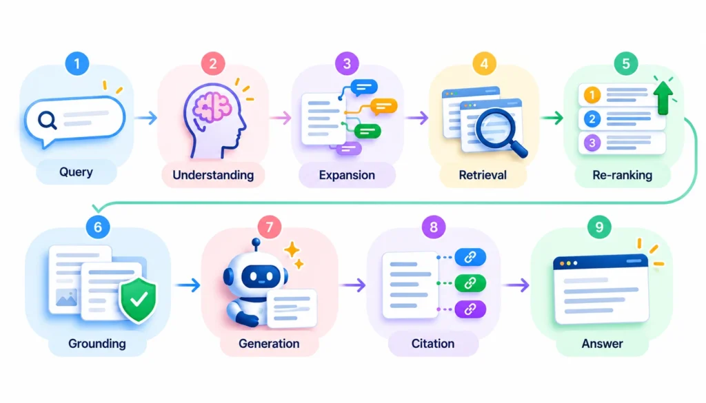 How AI Search Engines Work AI search process illustrated in nine steps: query, understanding, expansion, retrieval, re-ranking, grounding, generation, citation, and final answer.