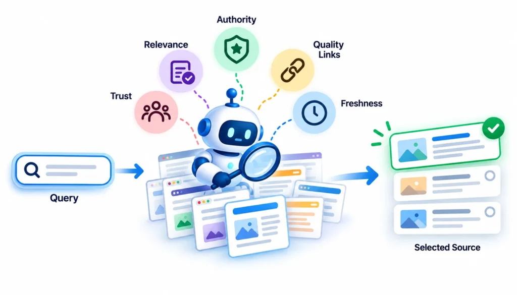 How AI Selects Trusted Sources Illustration of how AI search engines choose sources, evaluating relevance, trust, authority, quality links, and freshness before selecting a source.