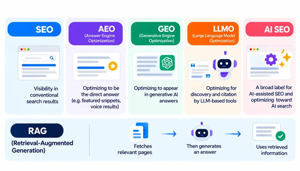 Search Optimisation and AI Discovery Landscape Infographic explaining SEO, AEO, GEO, LLMO, and AI SEO, with concise definitions and a RAG workflow showing how AI retrieves pages, generates answers, and uses retrieved information.