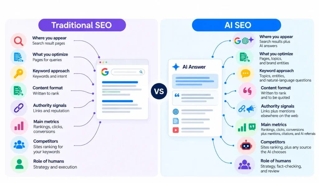 Traditional SEO vs AI SEO Infographic AI SEO vs Traditional SEO comparison infographic showing differences in search visibility, optimization, keywords, content format, authority signals, metrics, competitors, and the role of humans.